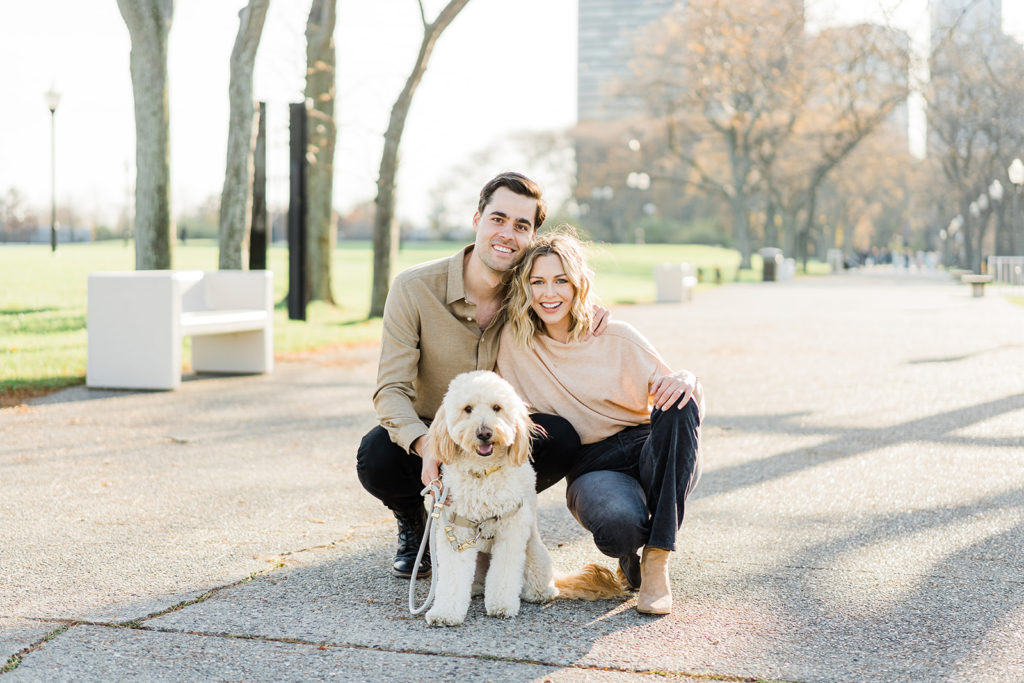 couple with dog engagement photo olive park chicago