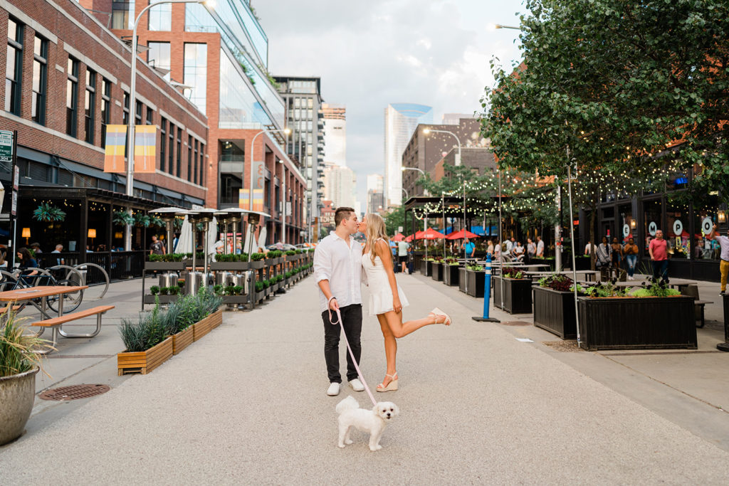engagement photo with dog on fulton street in west loop